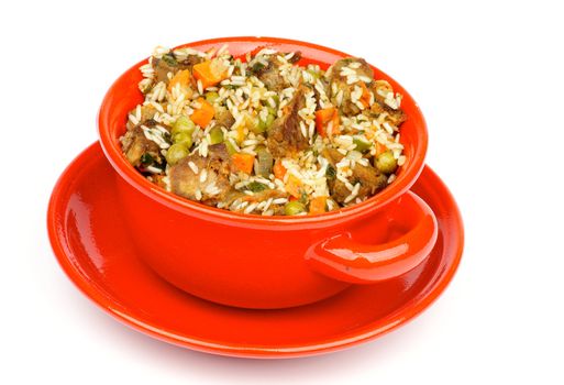 Stir-Fried Beef with White Rice, Carrot and Green Pea in Red Bowl with Saucer isolated on white background