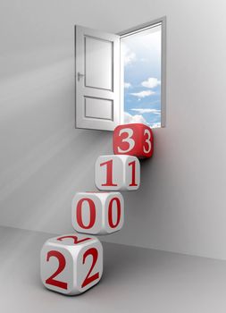 new year 2013 conceptual door with red and white dice steps