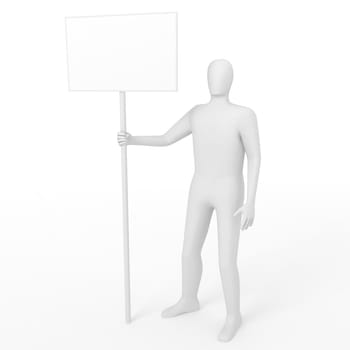 Character holds blank board. 3d render.