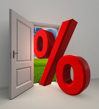 percentage  symbol and white open door with field and sky background