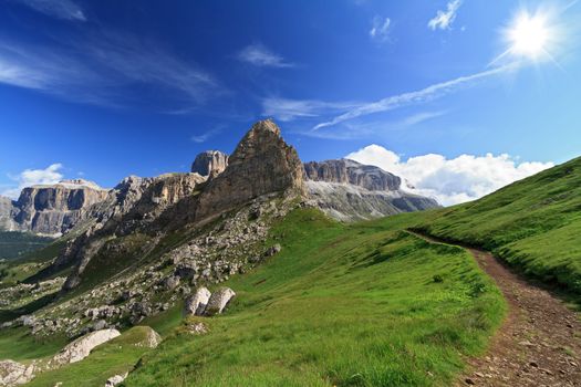 view of Italian Dolomites with Sella Group and Saas Pordoi mountain