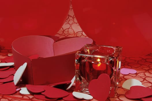 Background for Valentines day with red and white hearts, candles and balloons