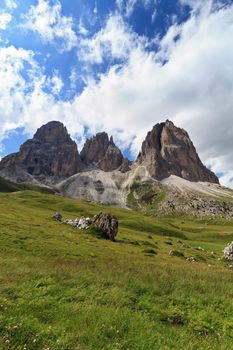 Sassolungo mount on summer from Fassa valley, Italian Dolomites