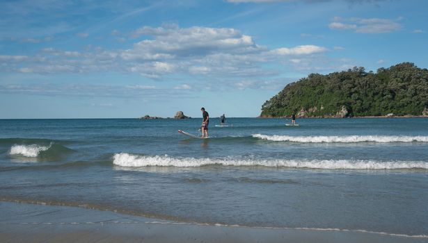 Tauranga, New Zealand, January 23, 2012, Paddleboarders enjoy scenic beach at Mount Maunganui.