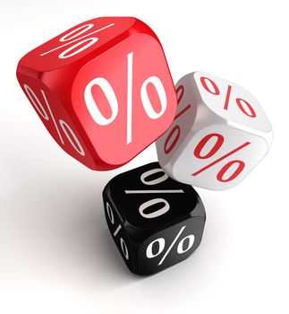 per cent symbol on dice cubes red white black. clipping path included 
