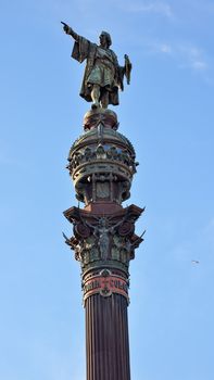 Columbus Monument, Monument A Colom, Columbus Statue Pointing on Top Pillar, Barcelona, Spain.  At one end of the La Rambla, the monument was completed for the Universal Exposition in 1888 and is located at the spot where Columbus returned to Spain after his first trip to the Americas.