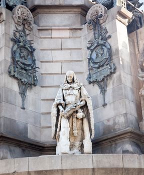 Columbus Statue Monument, Monument A Colom, Barcelona, Catalonia Spain.  At one end of the La Rambla, the monument was completed for the Universal Exposition in 1888 and is located at the spot where Columbus returned to Spain after his first trip to the Americas.