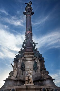 Columbus Monument, Monument A Colom, Columbus Statue, Barcelona, Spain.  At one end of the La Rambla, the monument was completed for the Universal Exposition in 1888 and is located at the spot where Columbus returned to Spain after his first trip to the Americas.