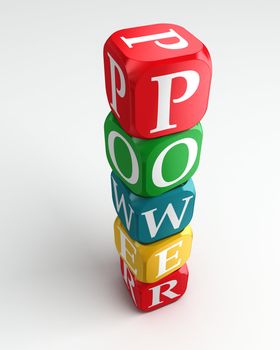 power 3d colorful buzzword dice tower on white background