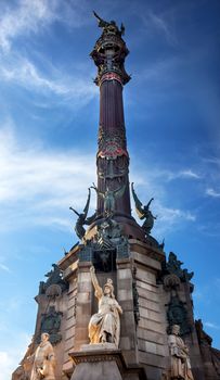 Columbus Monument, Monument A Colom, Columbus Statue, Barcelona, Spain.  At one end of the La Rambla, the monument was completed for the Universal Exposition in 1888 and is located at the spot where Columbus returned to Spain after his first trip to the Americas.