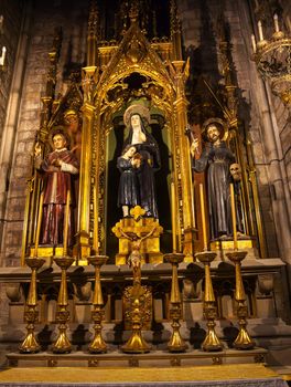 Saints Joaquima de Vedruna, Francis of Assisi, Anthony M. Claret, St Maria del Pi, Saint Mary of Pine Tree, Barcelona, Catalonia, Spain. St Joaquima, founder of Carmelit Sisters, and Saint Mary Claret was the confessor to Queen Isabella II of Spain.  Saint Maria del Pi, Saint Mary of the Pine Tree, church in Barceolona Spain, founded in 987 or earlier.
