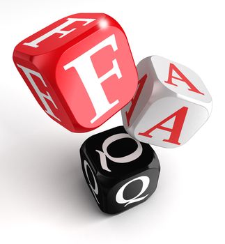 faq red, white and black dice box on white background