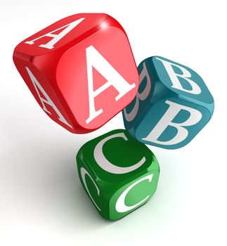 A,B and C on red, blue and green box on white background