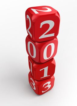 new year 2013 3d red and white dice tower on white background