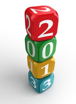 new year 2013 3d colorful dice tower on white background.clipping path included