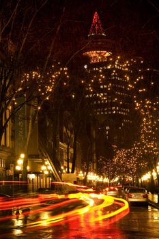 Gas Town, Vancouver, British Columbia, At Night with Car Trails 

Trademarks Removed.