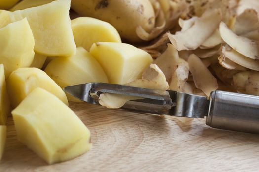Peeled and cut potatoes with vegetable peeler