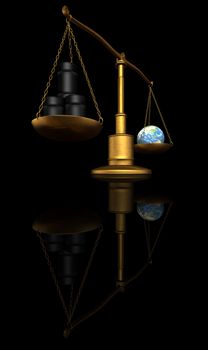 earth globe and oil barrel on a scale on black background