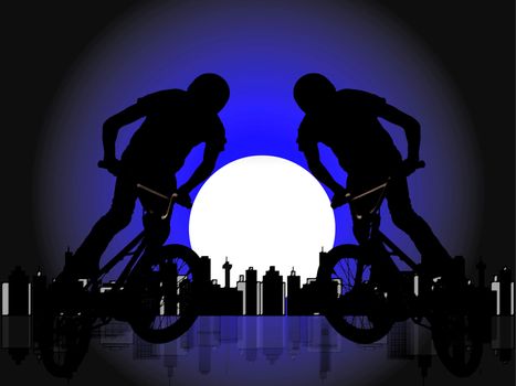 Silhouette of biker boy on cityscape illustration