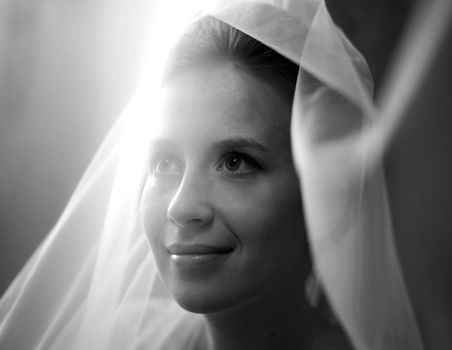 The beautiful bride is closed by a veil