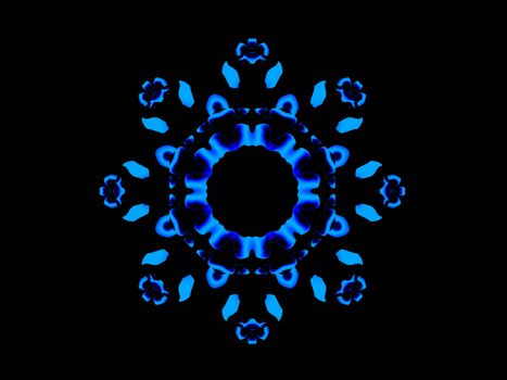 An abstract blue illustration that is a mandala made of floral components.