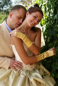 Beautiful newly married pair in park