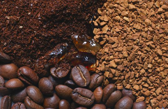 Coffee ground, coffee in granules, coffee in a grain
