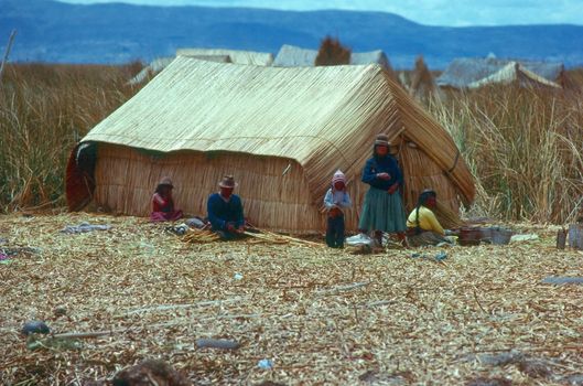 Lake Titicaca in Peru with floating islands made from totora reeds