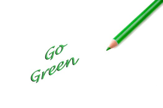 Concept of going green and saving the world.  Words are an illustration and the pencil a photo to create the idea.