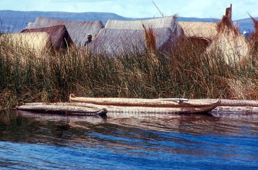 Lake Titicaca in Peru with floating islands made from totora reeds