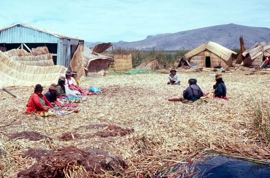 Lake Titicaca in Peru with floating islands made from totora reeds