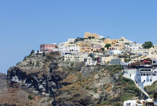 panoramic view of the famous town of Thira on Santorini's volcanic archipelago