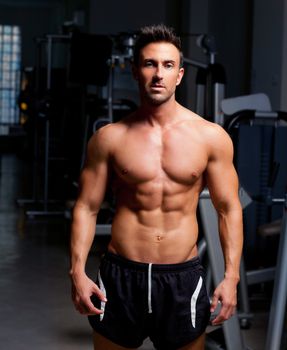 fitness shaped muscle man posing on dark gym