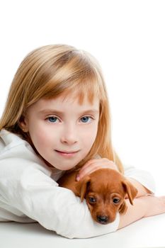 blond kid girl with mini pinscher pet mascot dog on white background