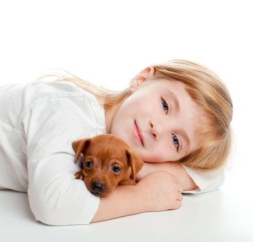 blond kid girl with mini pinscher pet mascot dog on white background