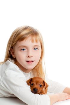 blond kid girl with mini pinscher pet mascot dog on white background