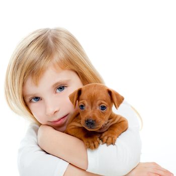 Blond children girl with dog puppy mascot mini pinscher on white background