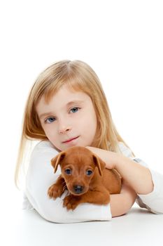 Blond children girl with dog puppy mascot mini pinscher on white background