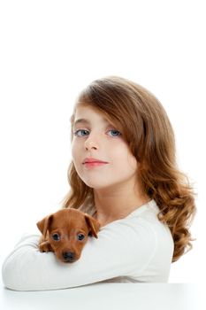 Brunette kid girl with puppy dog mascot mini pinscher on white background