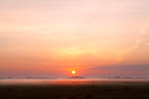 sunrise over fog on pasture in summer