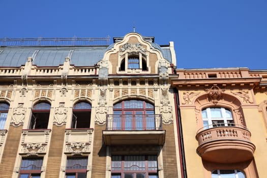 Lodz, Poland - old decorative apartment building. Architecture in Lodzkie province.