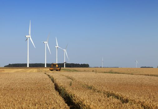 Image of wind turbines and a combine in a wheat field.