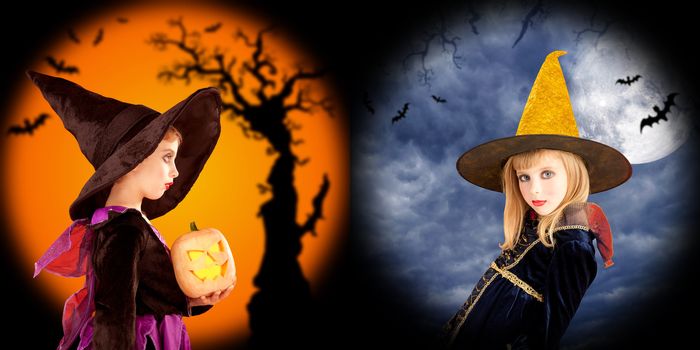 Halloween girls costumes in cold and warm backgrounds
