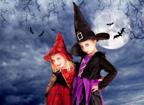 halloween costumes kid girls on moon night sky with bats