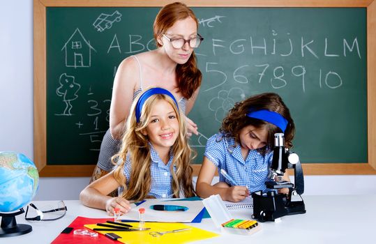 kids students with nerd teacher woman in classroom