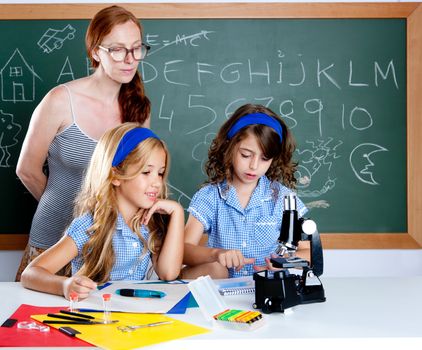 kids students with nerd teacher woman in classroom