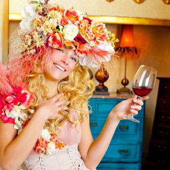 fashion baroque blond woman drinking red wine in grunge house