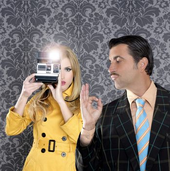 geek tacky mustache man reporter fashion girl photo shoot retro wallpaper