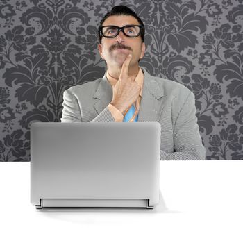 genius nerd silly glasses computer thinking gesture problem solution wallpaper background