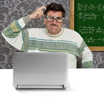 genius nerd silly glasses computer thinking gesture problem solution wallpaper background